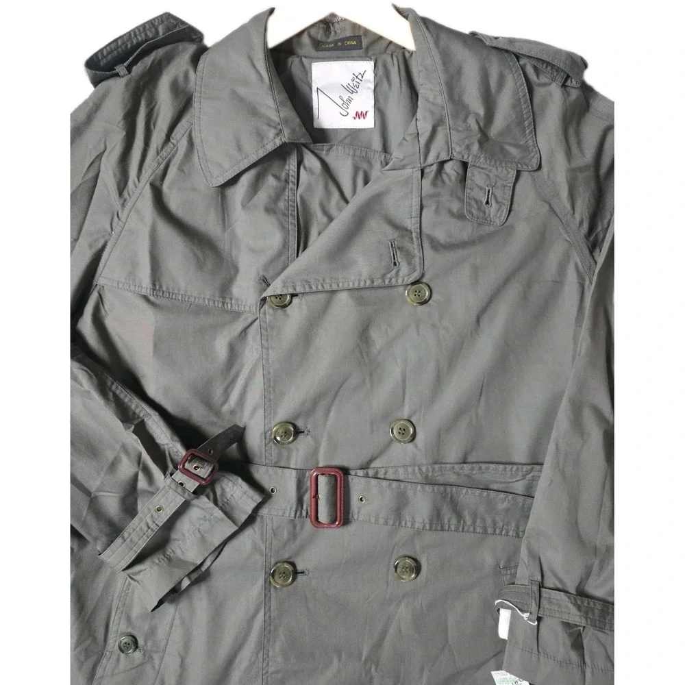 John Weitz Vtg Mens Double Breasted Trench Coat 42L Olive Grey Duster